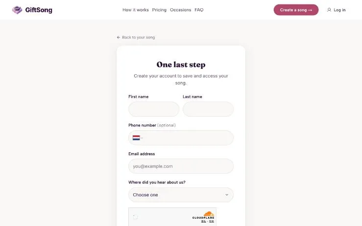 GiftSong sign-up form shown before the song sample plays