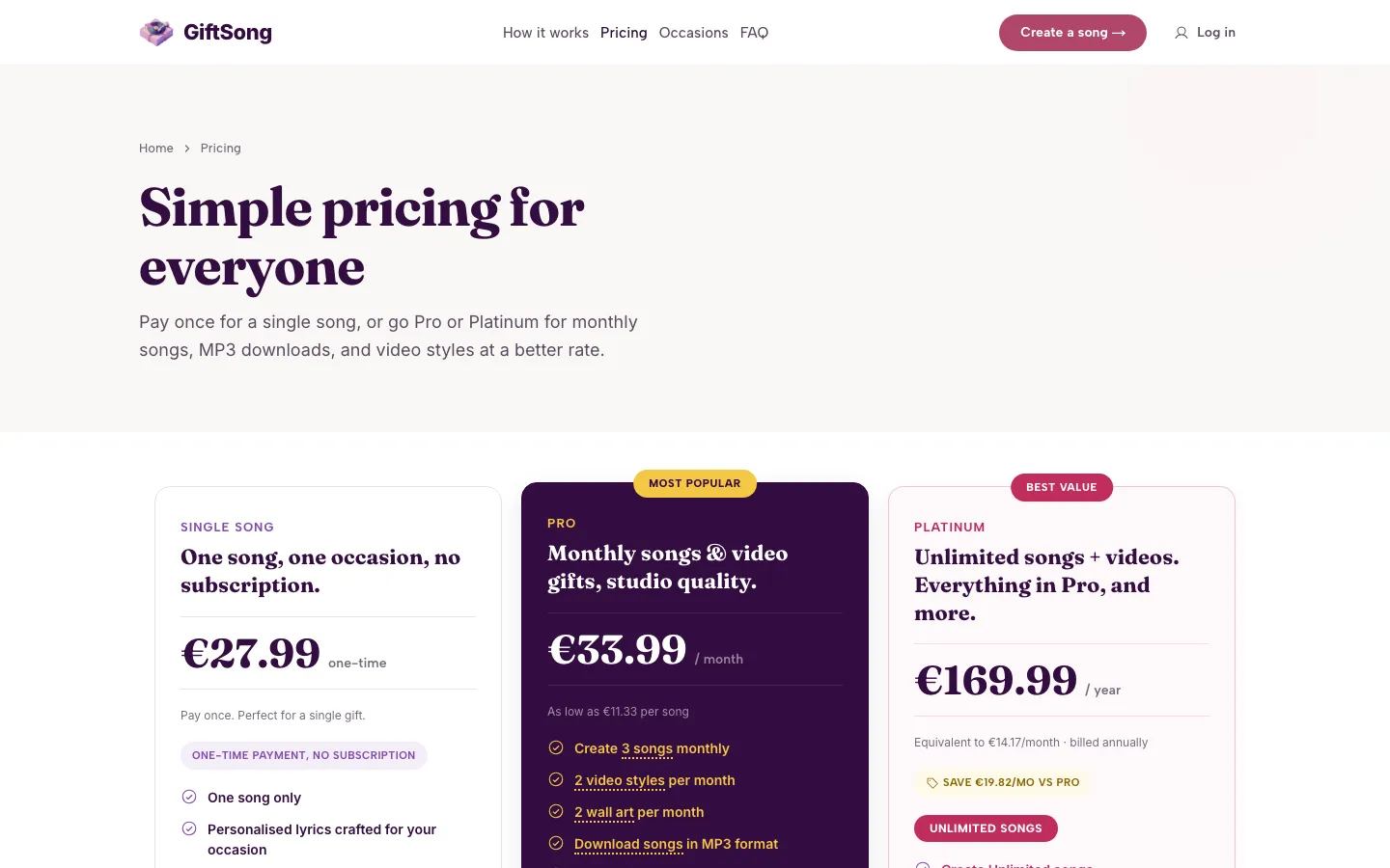 GiftSong pricing page with single-song, Pro and Platinum plans, shown in euros