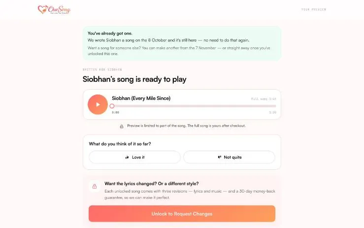 OurSong preview page noting one free preview per email until a later date