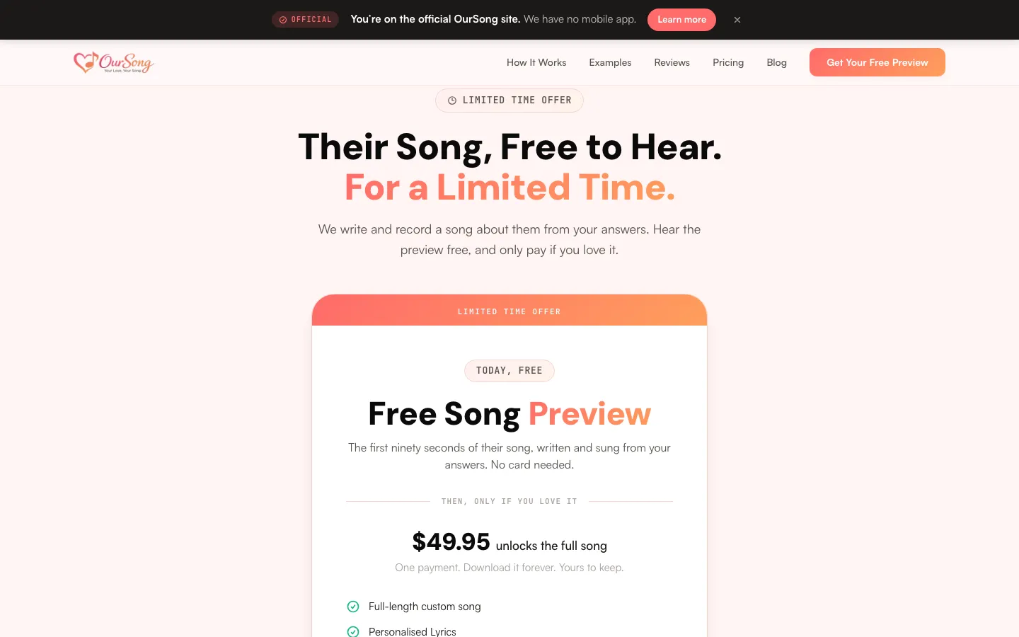 OurSong pricing block: free 90-second preview and $49.95 to unlock
