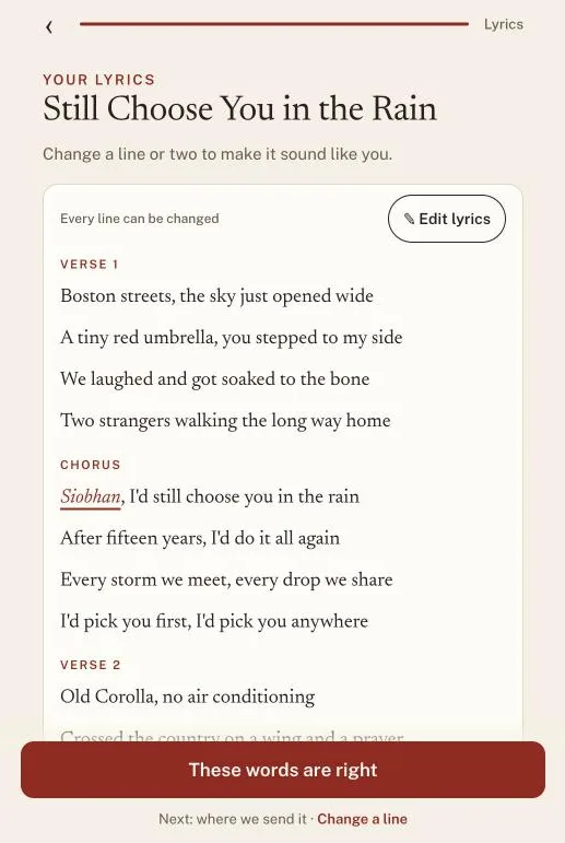 PersonalizedSong lyrics step showing the full lyrics, with an Edit lyrics button and the note that every line can be changed