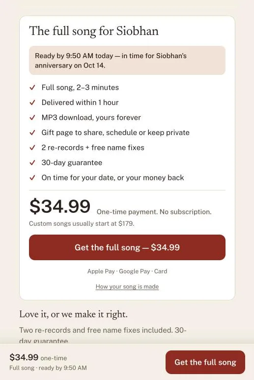 PersonalizedSong preview page with a 60-second preview player and the full-song offer at $34.99, one-time payment