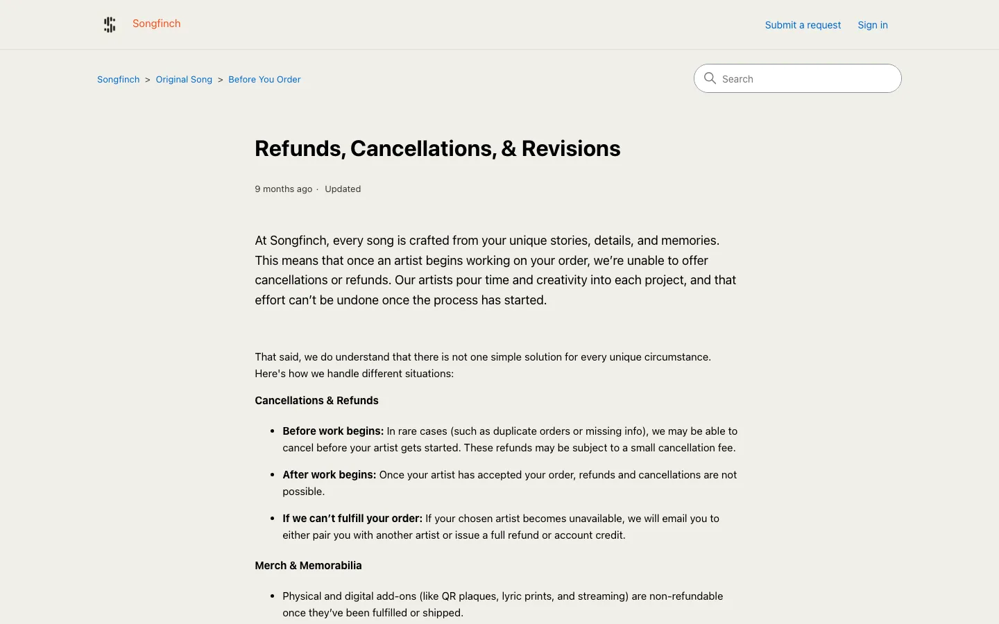 Songfinch help-center article stating orders cannot be refunded once an artist begins work