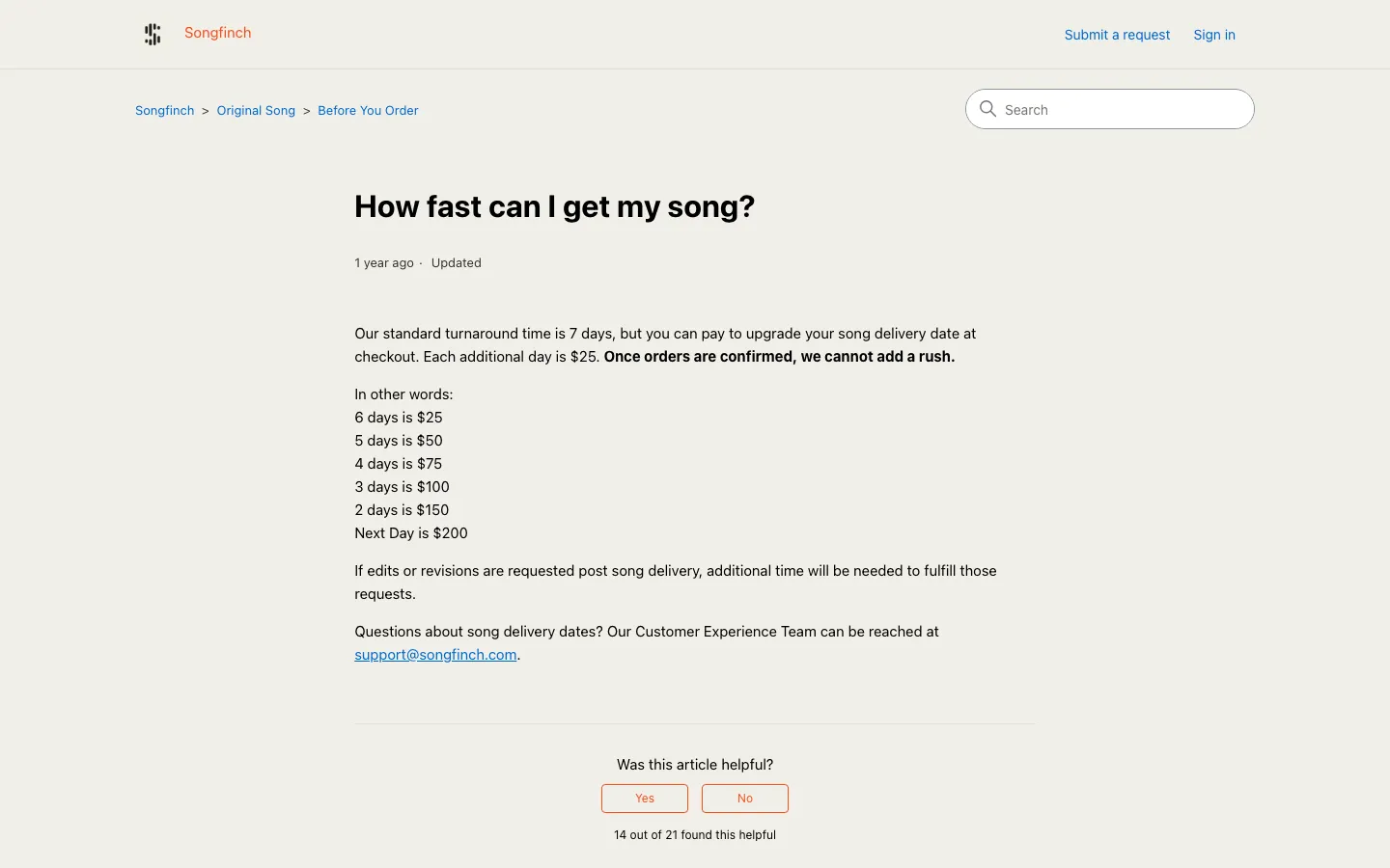 Songfinch help-center article listing a 7-day standard turnaround and rush fees