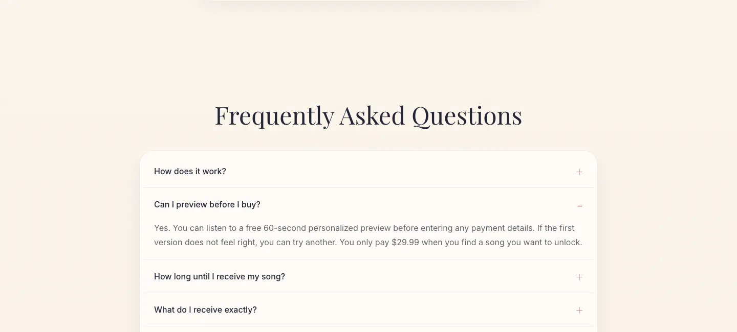 SongGifty FAQ answer about a free 60-second preview and $29.99 unlock price