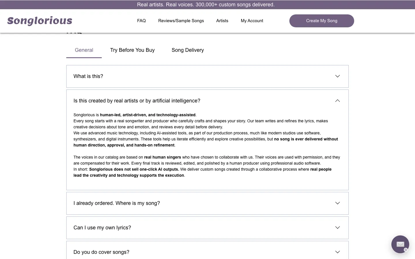 Songlorious FAQ answer describing its process as human-led and technology-assisted