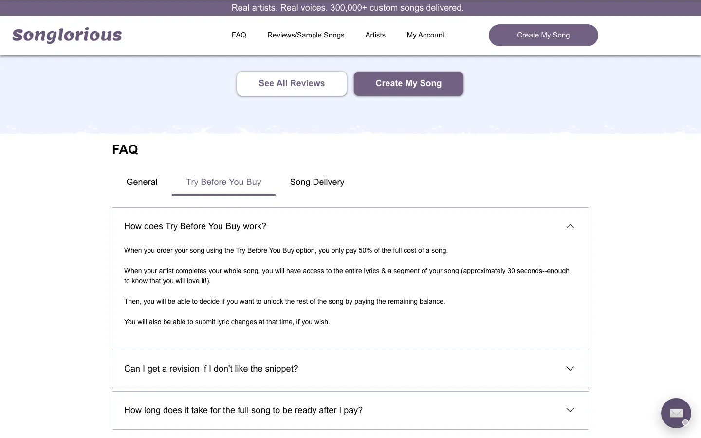 Songlorious FAQ explaining Try Before You Buy: pay 50%, hear about 30 seconds