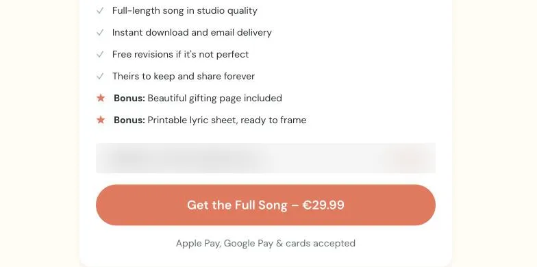 SonglyGift unlock screen after the free preview, showing the full-song price in euros; email address blurred