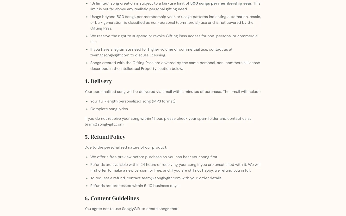 SonglyGift terms of service, delivery and refund sections