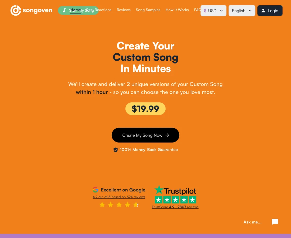 Songoven homepage showing its offer at $19.99