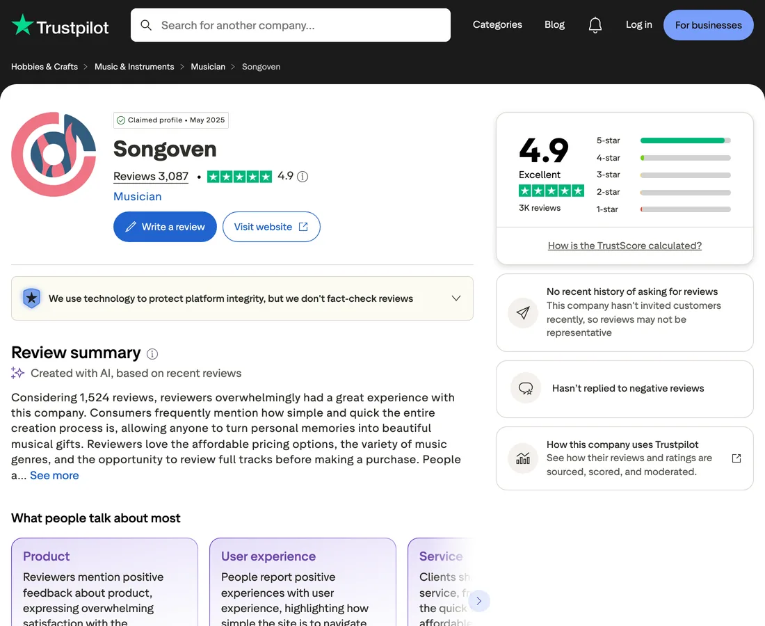 Trustpilot header for Songoven: 4.9 from 3,087 reviews