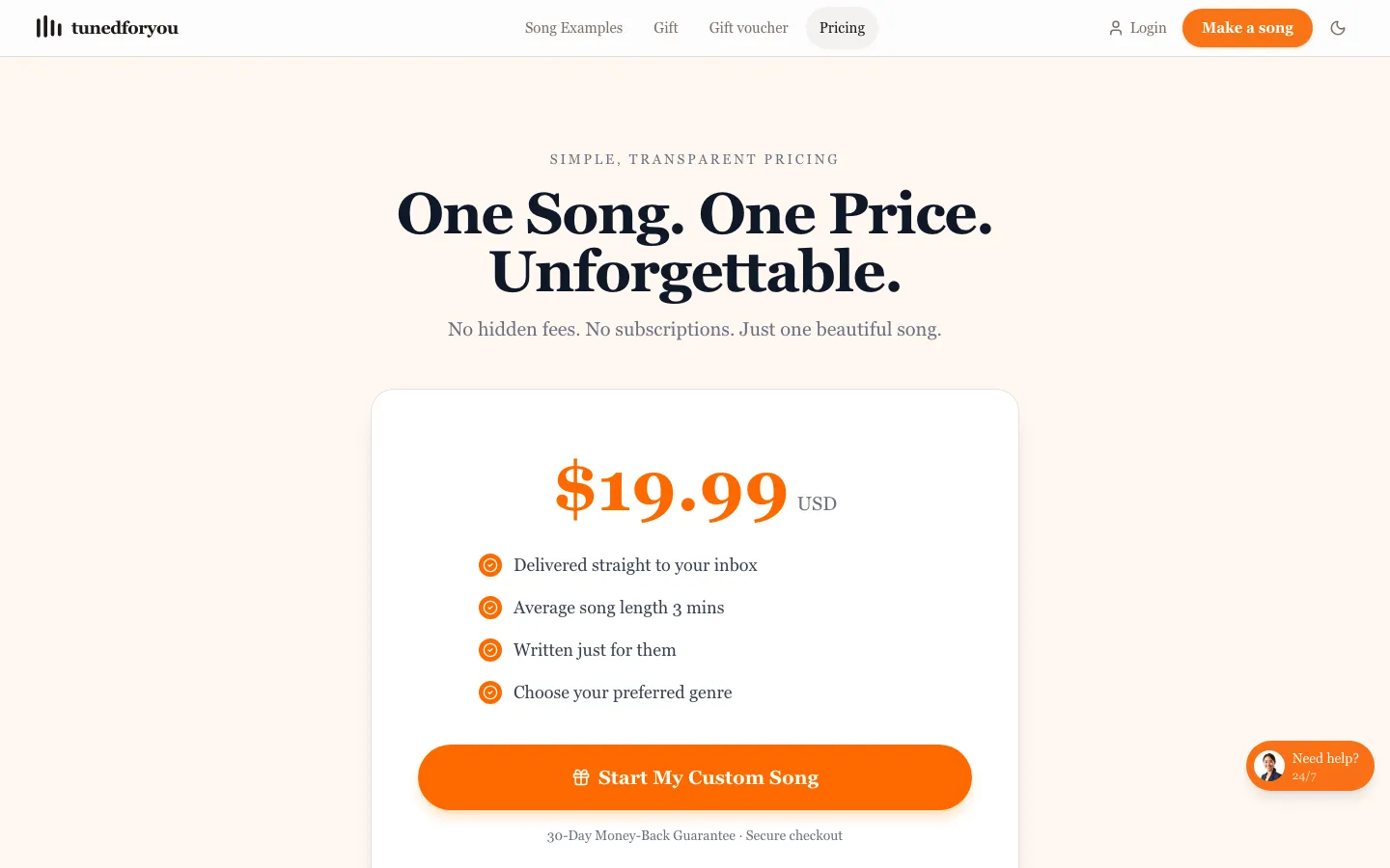 TunedForYou pricing page showing $19.99 per song