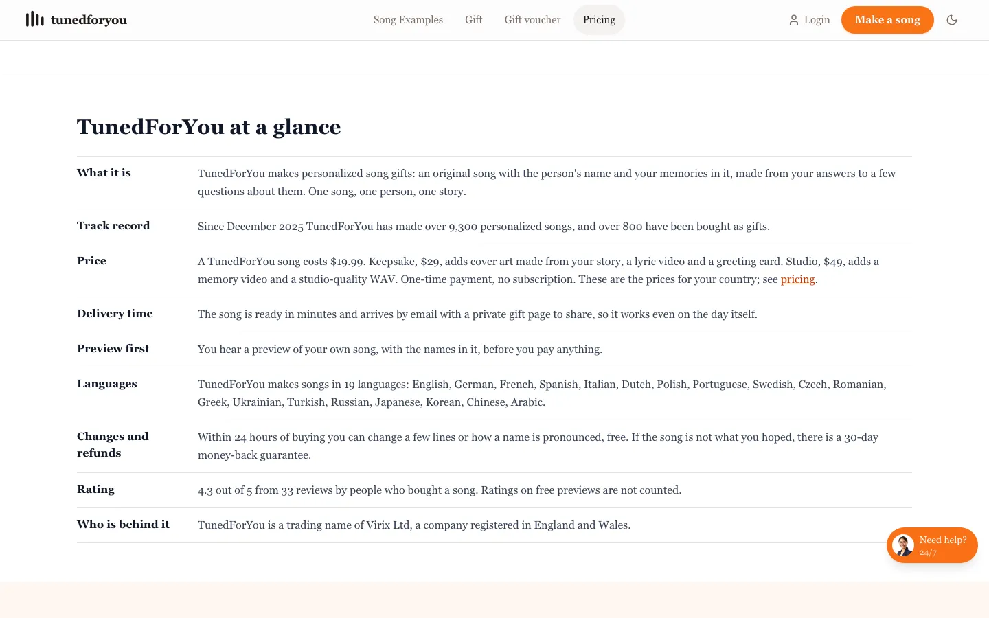 TunedForYou at-a-glance table including changes and refunds