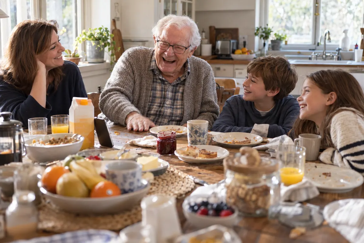 A grandfather laughing at the breakfast table as his family plays him a personalized song