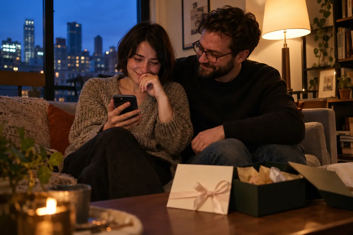 A woman on the sofa hearing a song from her partner as he watches her face