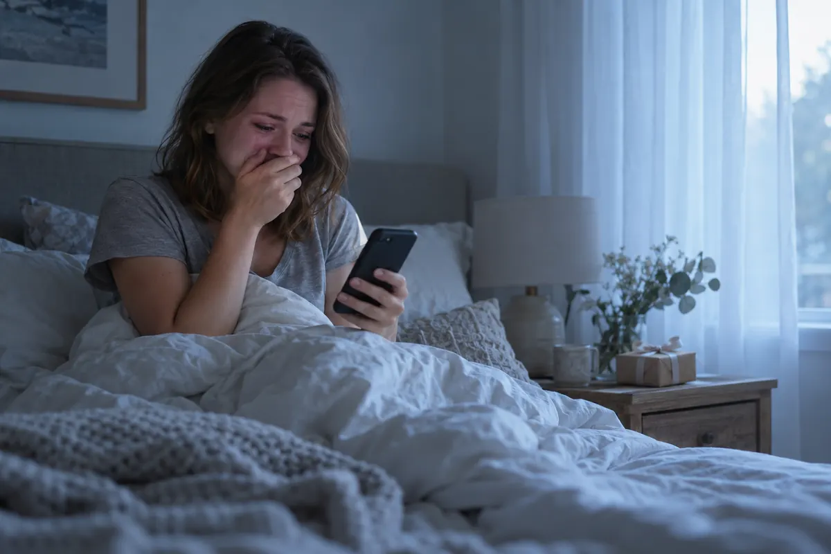 A woman in bed in the early morning, moved by a song gift that arrived on her phone