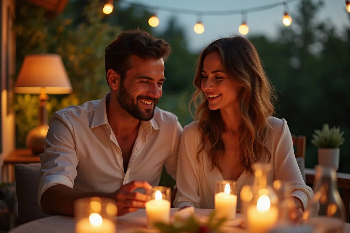 Una pareja de cuarenta y tantos cenan en la terraza de su casa con velas y guirnaldas de luces, y ella escucha con auriculares compartidos un teléfono que él le acaba de pasar, sonriendo
