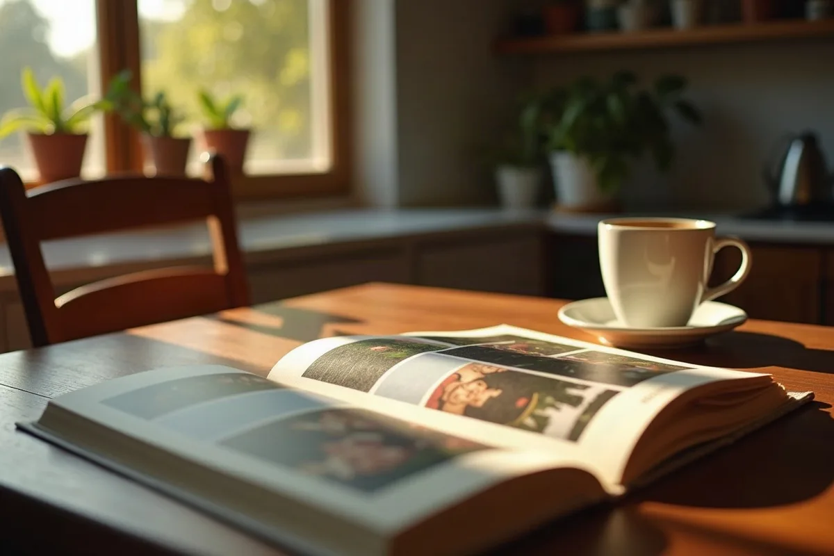 Un álbum de fotos abierto sobre la mesa de la cocina junto a una taza de café y unas entradas de cine antiguas, iluminados por la luz de la mañana