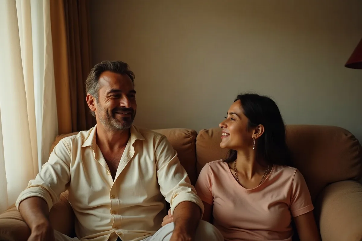 Un hombre de camisa clara en el primer hogar de la pareja sostiene un ramo de girasoles mientras su pareja escucha una canción en el sofá con una sonrisa