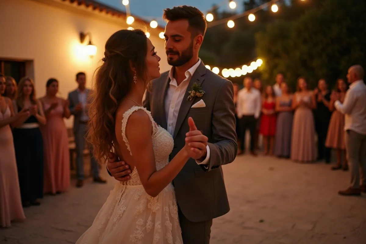 Una pareja de recién casados baila abrazada en el patio de una finca al atardecer, con guirnaldas de luces encendidas y los invitados aplaudiendo alrededor