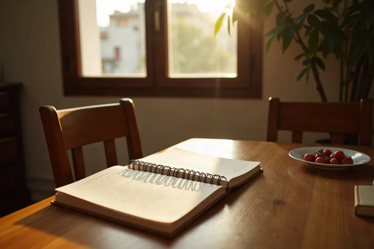 Unas alianzas y una libreta con anotaciones sobre una mesa de madera junto a la ventana, con la luz de la mañana de la boda