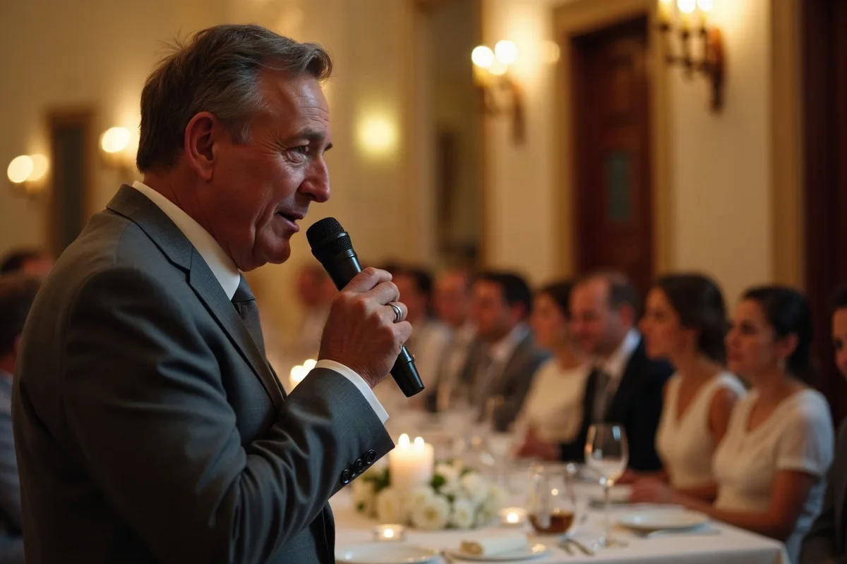 El padre de la novia, con traje gris, sostiene un micrófono en un salón de banquetes mientras los novios escuchan sentados y sonriendo