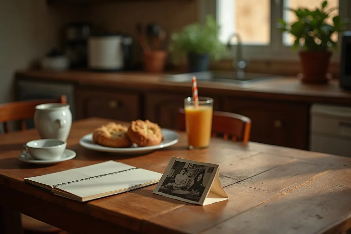 Una mesa de madera en la cocina de una casa en Puebla con una fotografía antigua de una madre y su hija, un cuaderno con apuntes y un plato de pan dulce, luz suave de la mañana