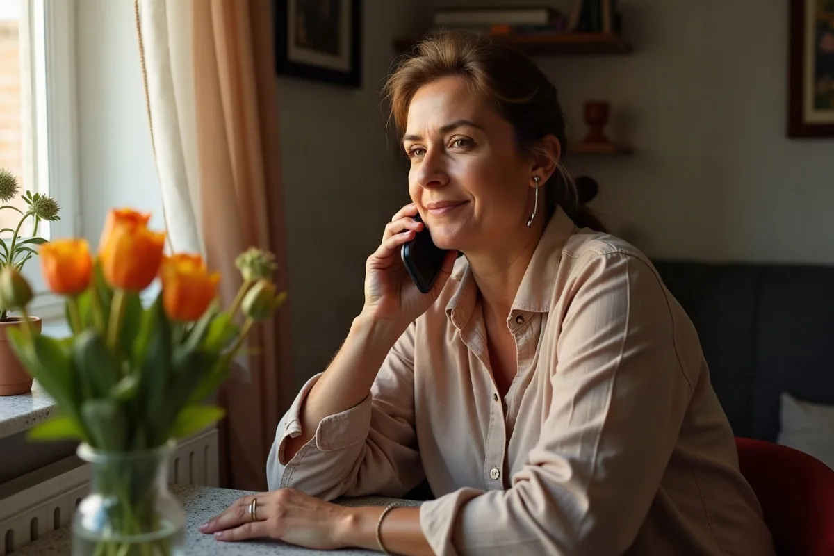 Una señora de unos sesenta en el salón de su piso en Zaragoza, con el teléfono en la mano y los auriculares puestos, sonriendo con los ojos húmedos junto a un jarrón de flores, luz de la tarde
