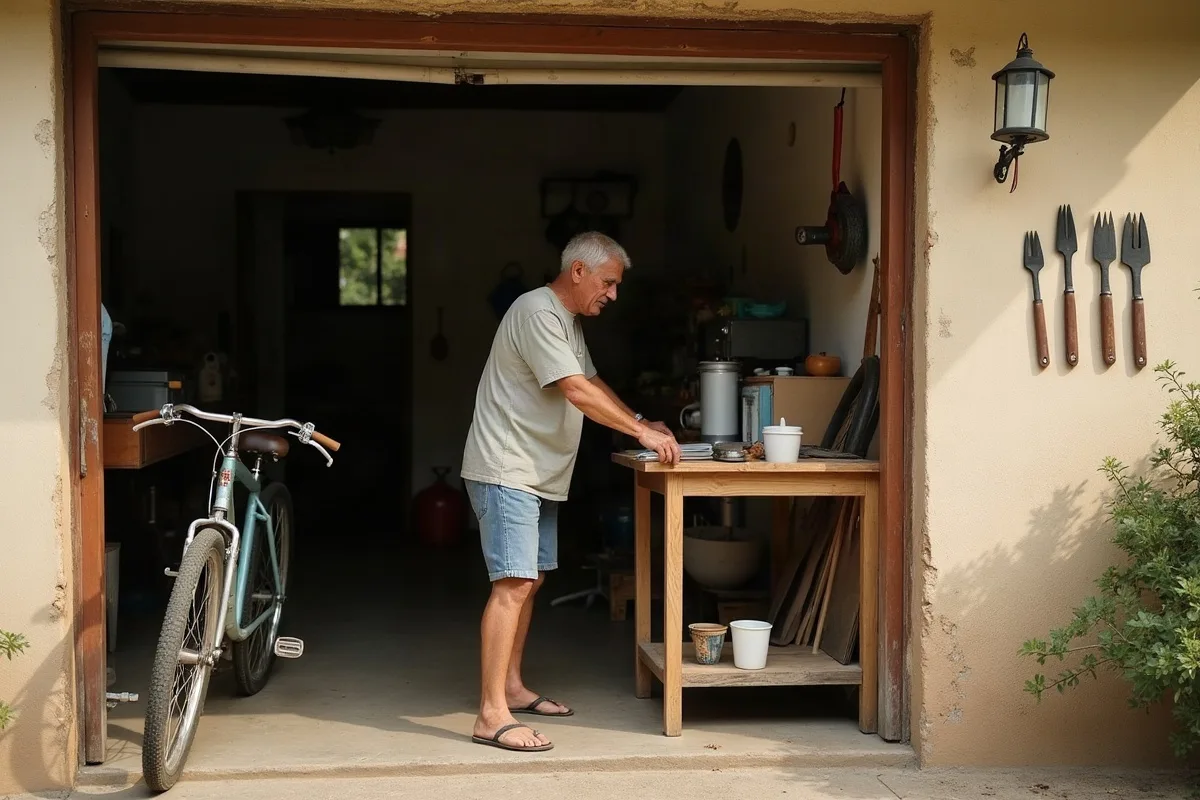 Un garaje abierto de una casa en Toluca con una bicicleta vieja, herramientas ordenadas en la pared y un termo de café sobre un banco de trabajo, luz lateral de la mañana