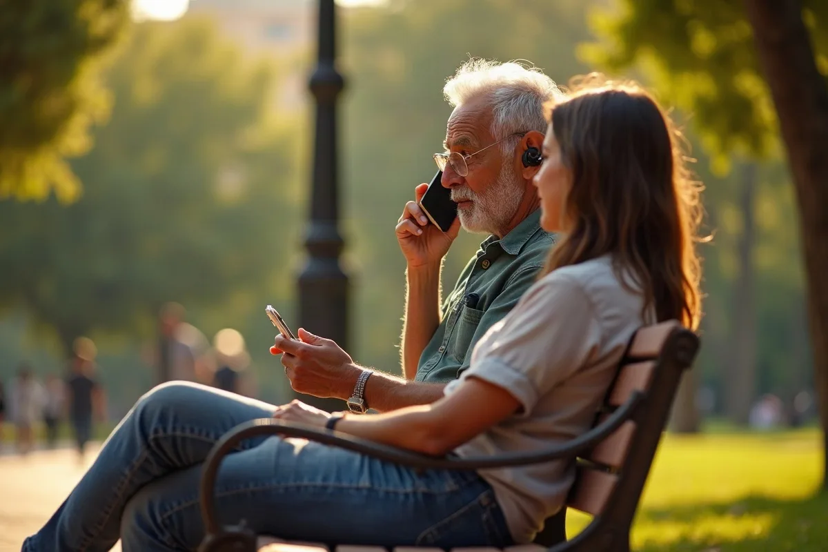Un hombre de unos cincuenta y ocho sentado en un banco de un parque de Sevilla con los auriculares puestos y el teléfono en la mano, sonriendo, mientras su hija adulta le observa a su lado, luz suave de la tarde
