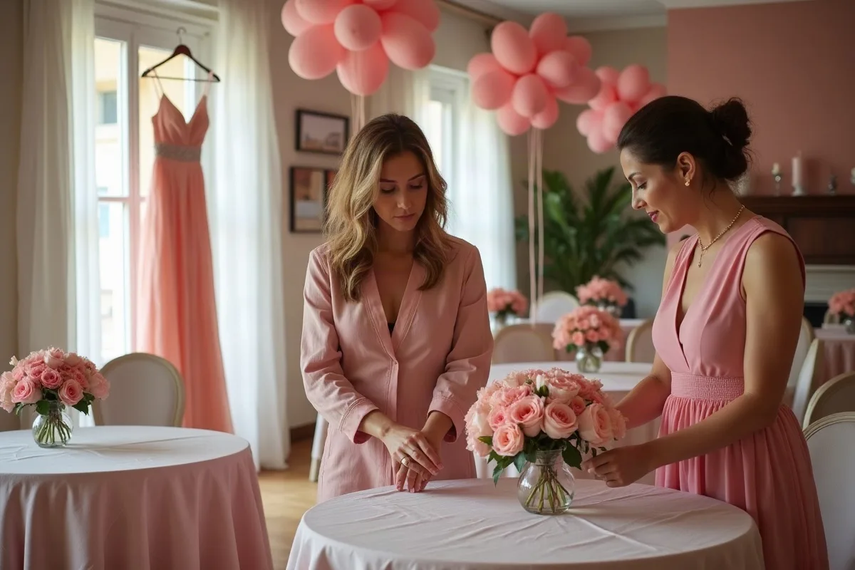 Una madre y una tía ajustan las flores de un arreglo en un salón de fiestas decorado con globos rosas y mesas redondas, mientras un vestido de gala cuelga de una percha junto a la ventana