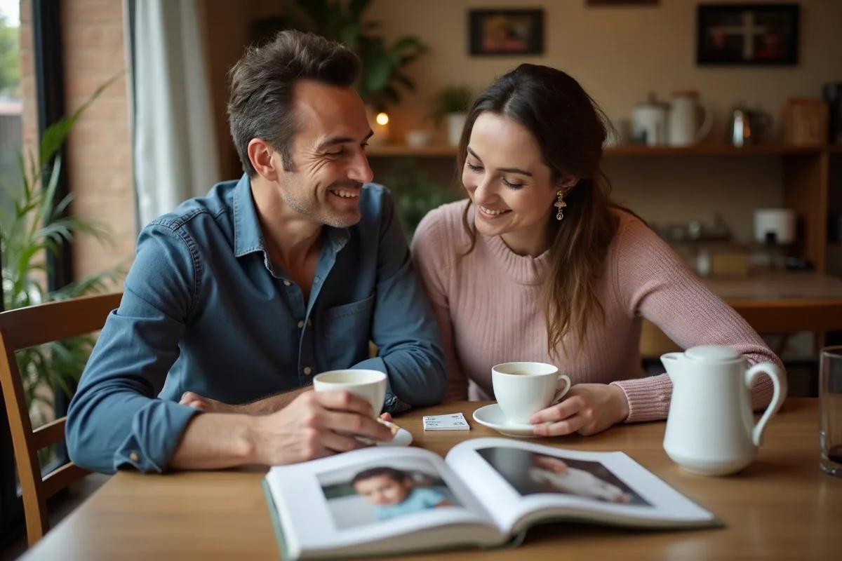 Un padre y una madre sentados a la mesa del comedor repasan juntos una libreta con recuerdos de su hija, con una taza de café y un álbum de fotos abierto