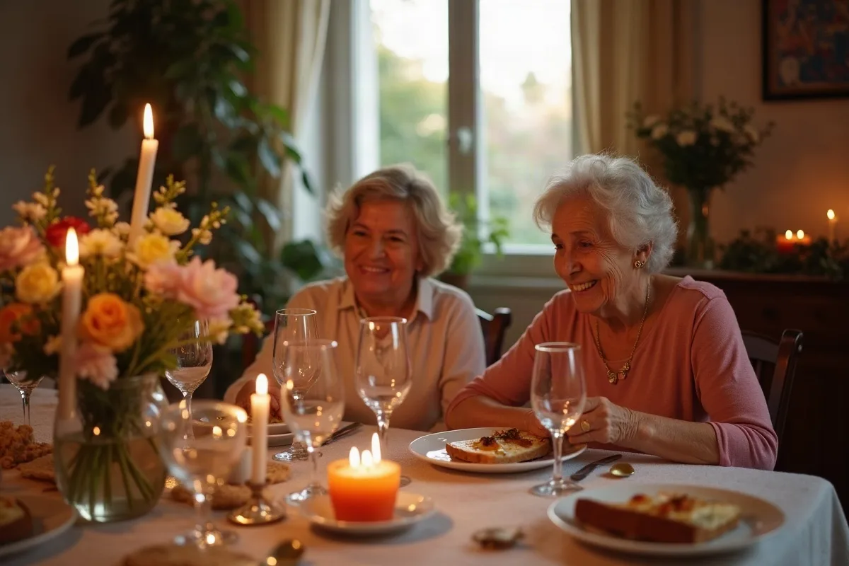 Una abuela y una tía acomodan centros de mesa con flores y velas en un salón decorado antes de la recepción, con la luz de la tarde entrando por los ventanales