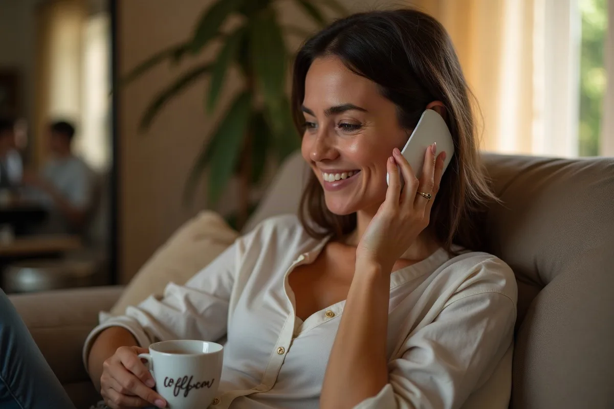 Una mujer de unos cuarenta sentada en el sofá de un salón luminoso en Valencia escucha una canción en el teléfono con auriculares, con una taza de café en la mano, a media tarde
