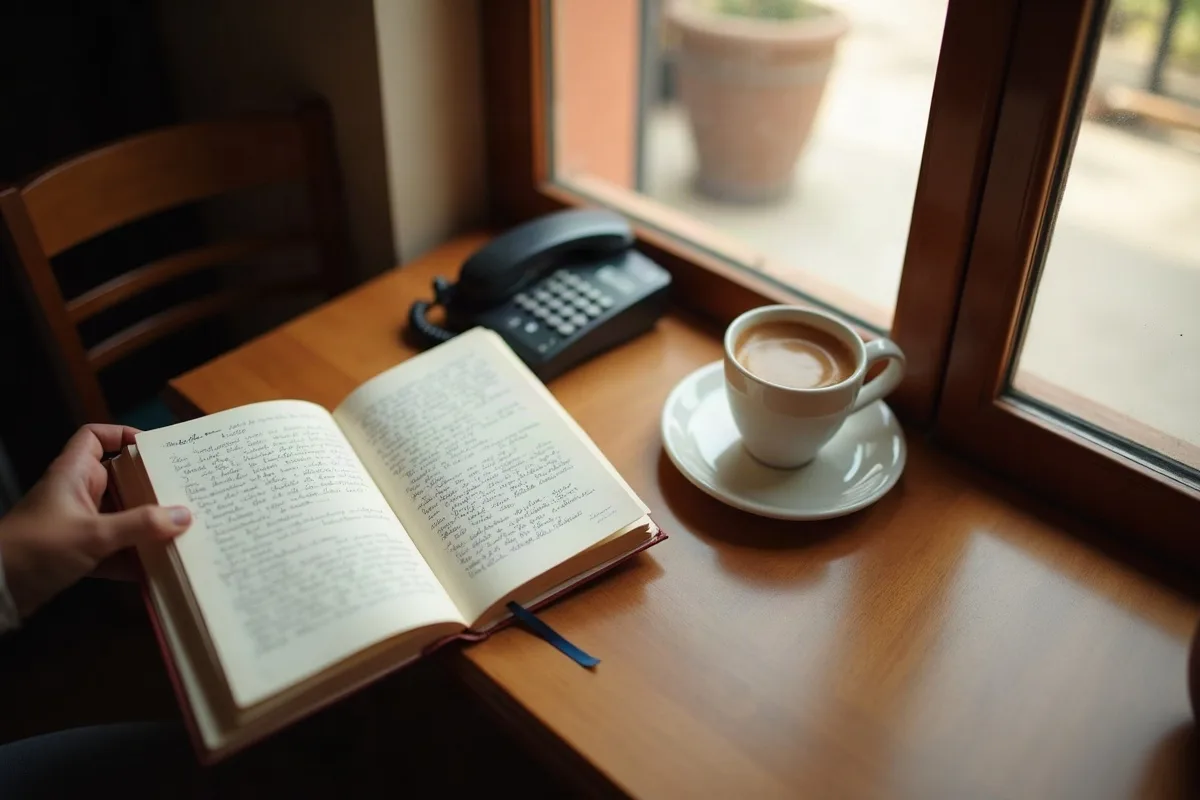 Una libreta abierta con nombres y fechas escritos a mano, una taza de café y un teléfono sobre una mesa de madera junto a una ventana, luz de la mañana