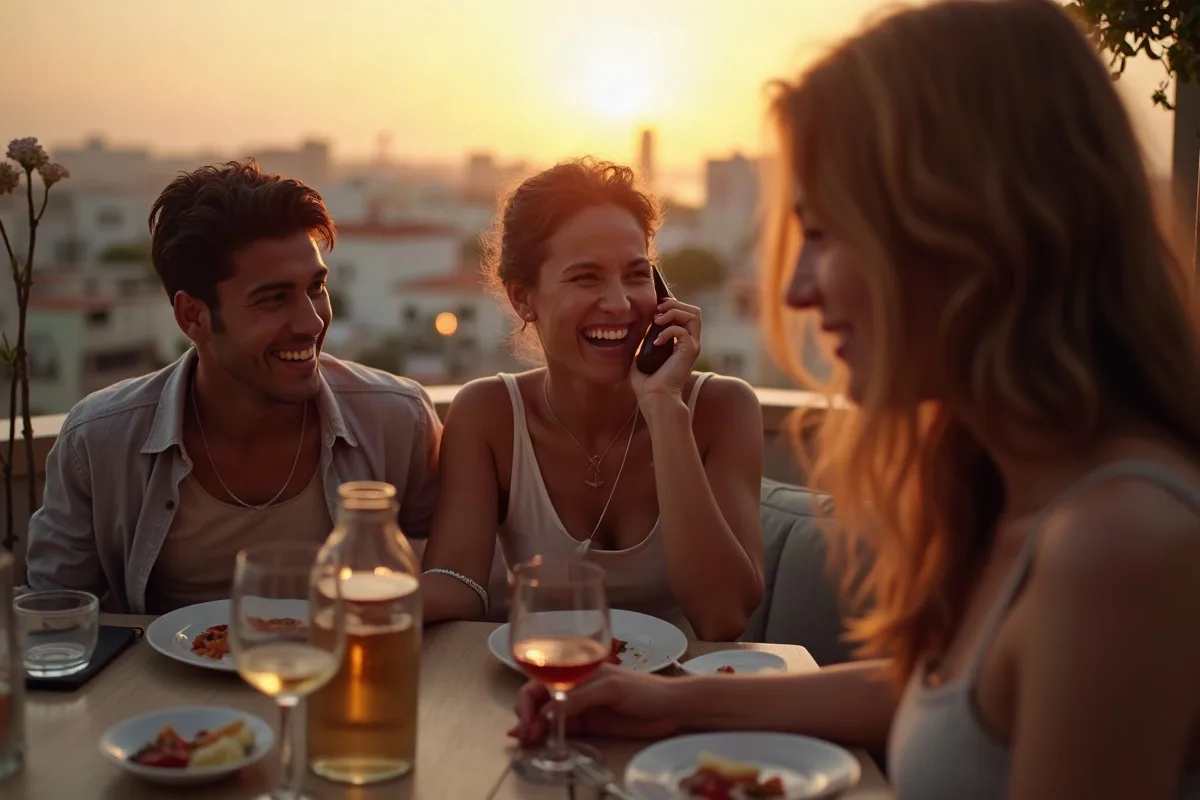 Un grupo de amigos de unos treinta en una terraza de Ciudad de México al atardecer, riendo mientras uno de ellos sostiene un teléfono con una canción sonando