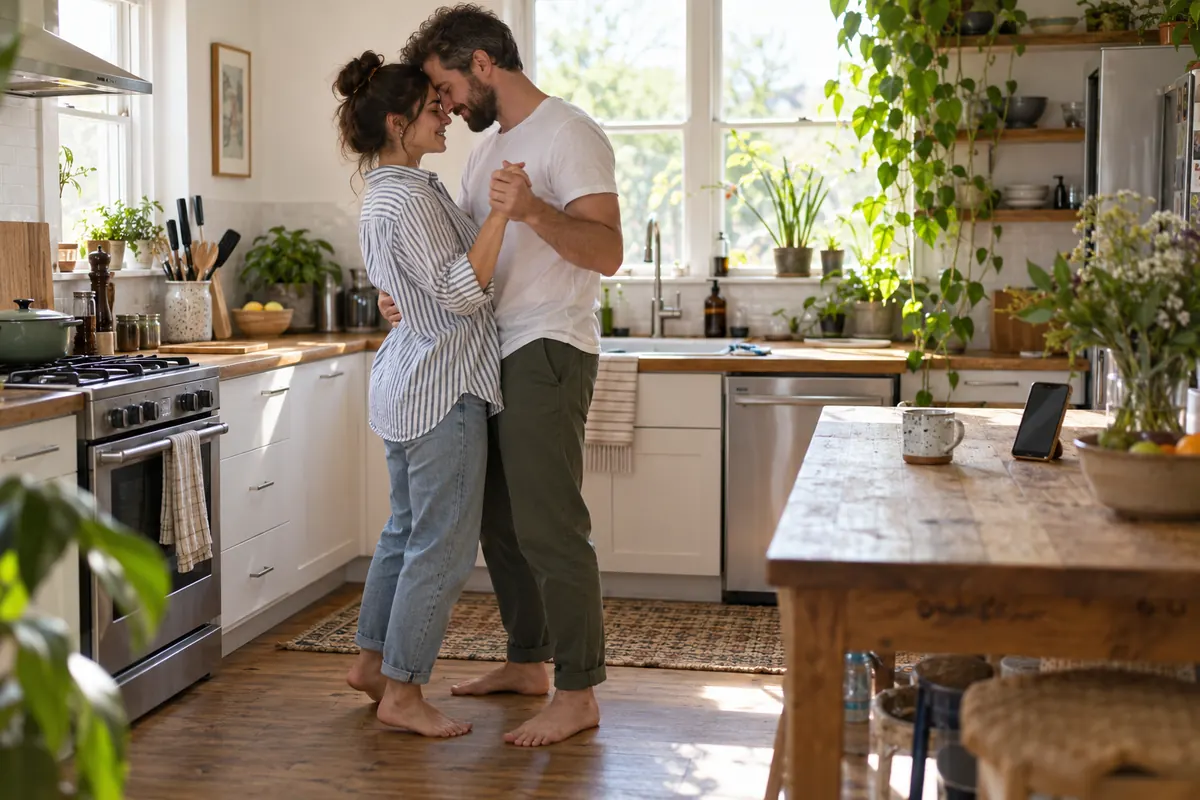 Un couple danse un slow dans une cuisine ensoleillée pendant que sa chanson passe