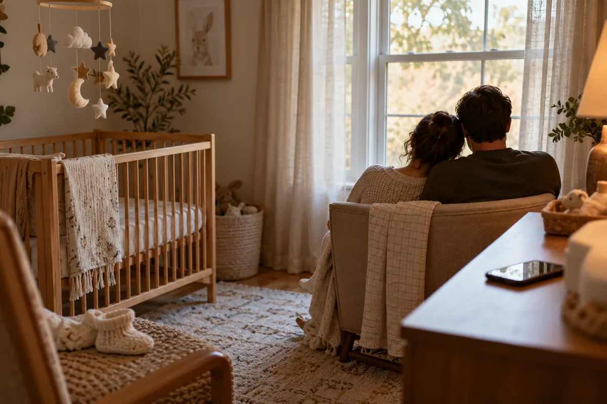 Une chambre de bébé baignée de lumière douce : un berceau en bois, un mobile en feutrine, un petit chausson tricoté, et deux adultes de dos, assis ensemble près de la fenêtre, un téléphone posé sur la commode