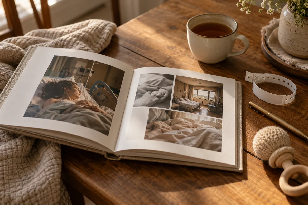 Un album de naissance ouvert sur une table en bois, avec un bracelet de maternité, un stylo et un petit hochet en laine à côté d’une tasse de thé