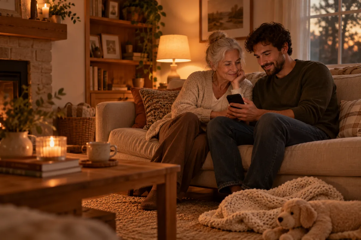 Une grand-mère et un père assis côte à côte sur un canapé, un téléphone entre eux, une couverture tricotée et une peluche posées à leurs pieds