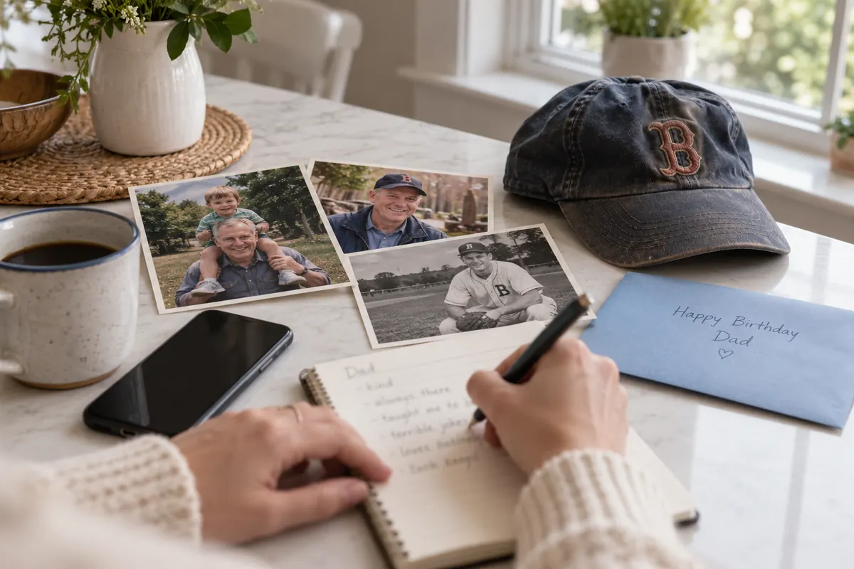 Des mains qui notent une liste de souvenirs à côté de vieilles photos de famille pour une chanson d’anniversaire