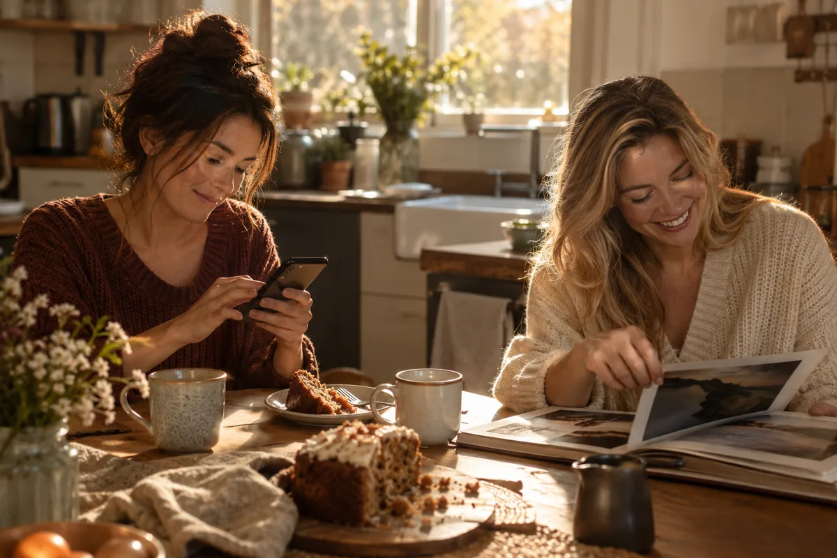 Deux amies assises à une table de cuisine, l’une tapant des notes sur son téléphone, l’autre riant en feuilletant un album photo, café et gâteau entre elles, lumière de fin d’après-midi