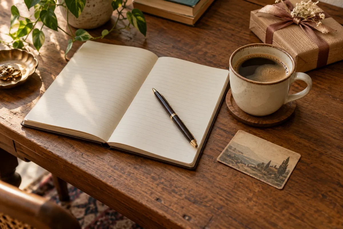 Un carnet ouvert, un stylo et une vieille carte de visite sur un bureau en bois, près d’une tasse de café et d’un petit cadeau emballé