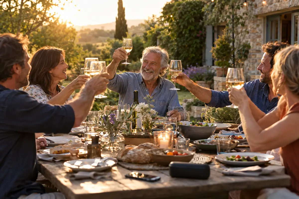 Une famille autour d’une grande table dressée dans un jardin, un téléphone près d’une enceinte, des verres levés vers un grand-père d’une soixantaine d’années