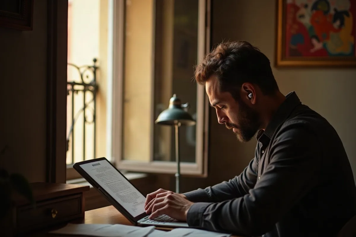 Un hombre de unos treinta y cinco en el escritorio de su casa en Madrid, con el portátil abierto mostrando la letra de una canción, auriculares puestos y sonriendo, luz natural de la tarde