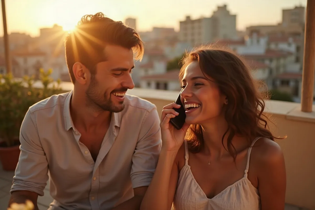Una pareja de unos cincuenta en la terraza de su piso en Valencia, ella enseña el teléfono a él y ambos escuchan una canción con una sonrisa, luz cálida del atardecer