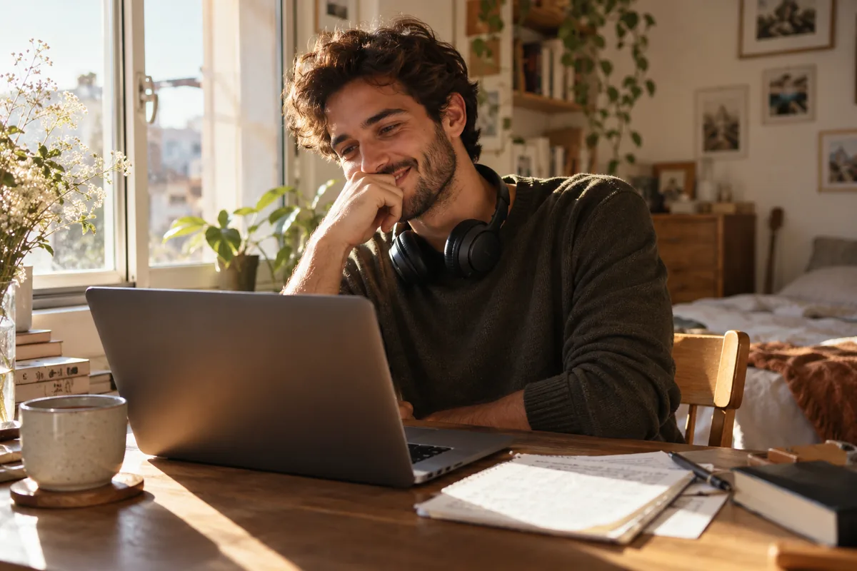 Un jeune homme assis à un bureau près d’une fenêtre, un ordinateur portable ouvert devant lui, un casque autour du cou, qui sourit en écoutant une chanson destinée à sa future épouse, une tasse de thé et des notes manuscrites à côté de l’écran, lumière du matin