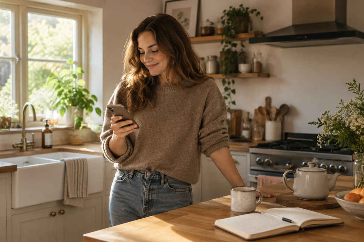 Une femme d’une trentaine d’années debout dans sa cuisine, un smartphone à la main, qui lit des paroles à l’écran tout en souriant, un plan de travail avec une théière et un carnet ouvert, lumière naturelle de milieu de matinée