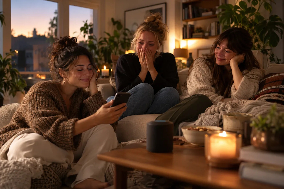 Trois amis dans un salon, l’un tenant un smartphone connecté à une enceinte, les deux autres l’écoutant avec amusement et émotion, canapé, plantes vertes, lumière de soirée