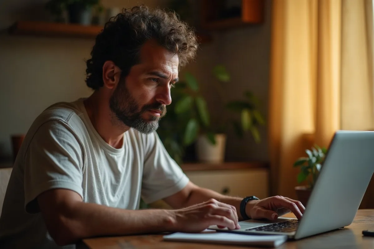 Um homem de uns 35 anos sentado à mesa da sala, de camiseta, digitando a história da esposa no notebook com o celular ao lado, caderno de anotações aberto e xícara de café, luz amarelada de uma noite de semana